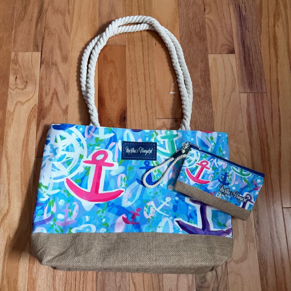 Marthas Vineyard Tote‎ & Wristlet Jute Anchor Print Rope Handle Beach Preppy